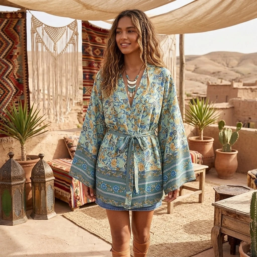 Boho Floral Short Kimono with Waist Tie
