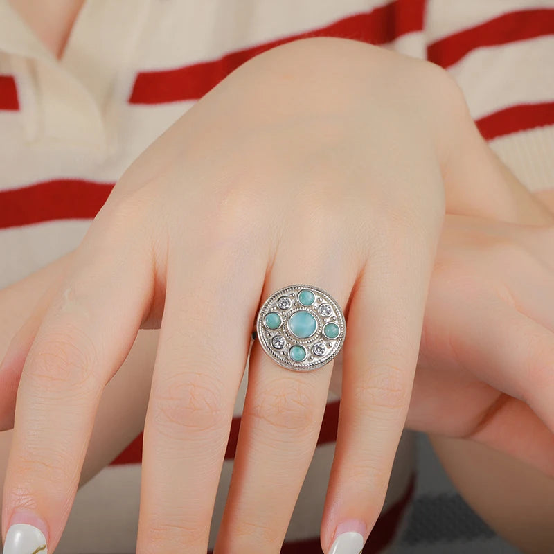 Larimar Vintage Medallion Ring in 925 Sterling Silver