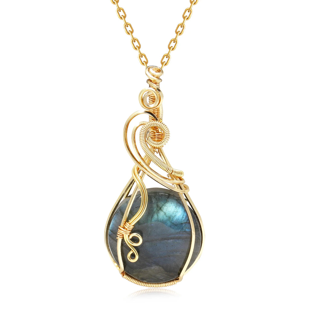 Wire-Wrapped Gemstone Pendant Necklace | Labradorite, Moonstone & Sunstone