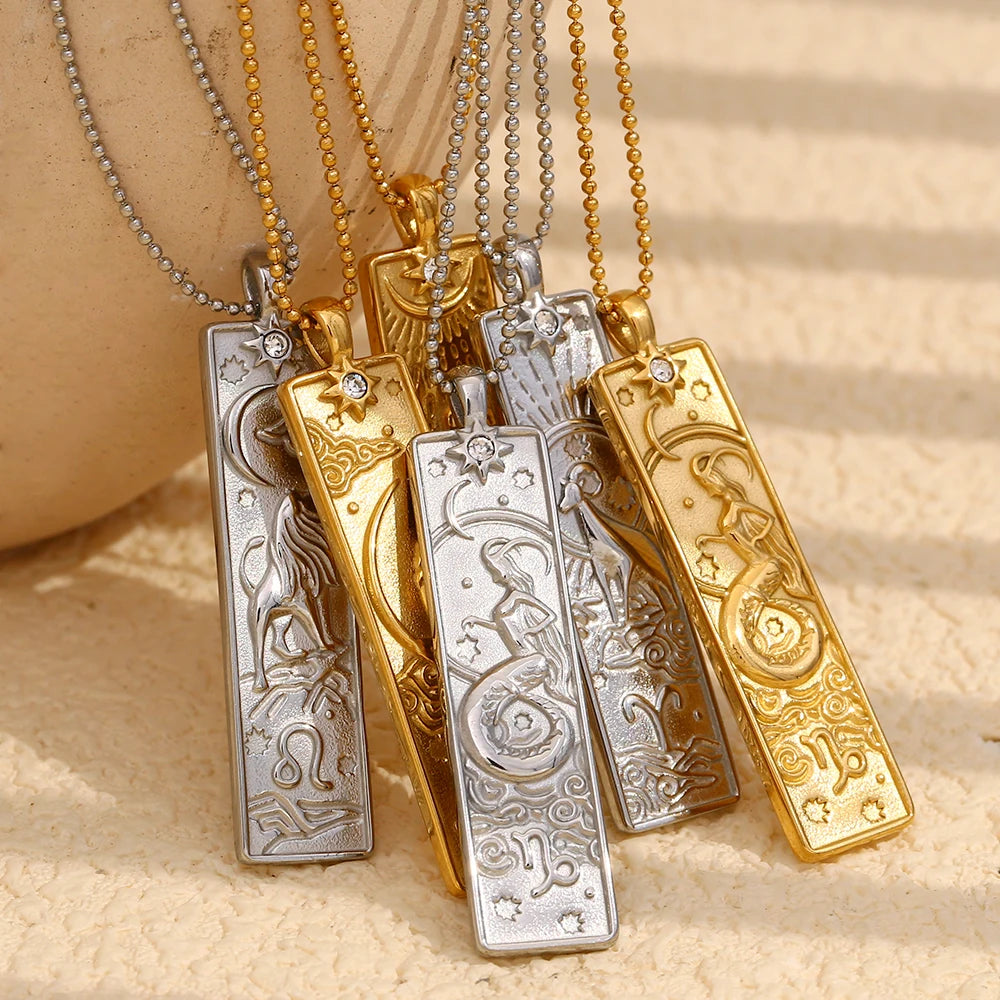 Zodiac Bar Pendant Necklace — 18K Gold & Silver Rectangle Star Sign