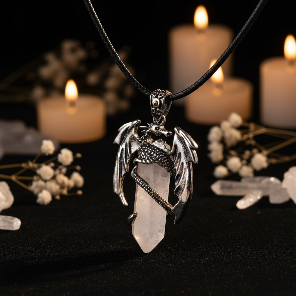 Dragon Crystal Point Pendant Necklace — Natural Gemstone Talisman