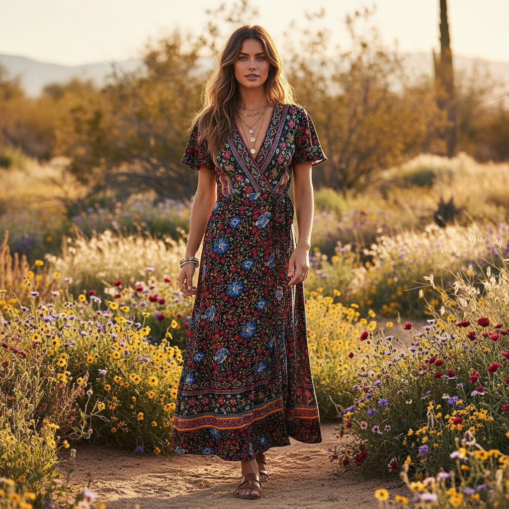 Floral Batwing Sleeve Boho Maxi Dress