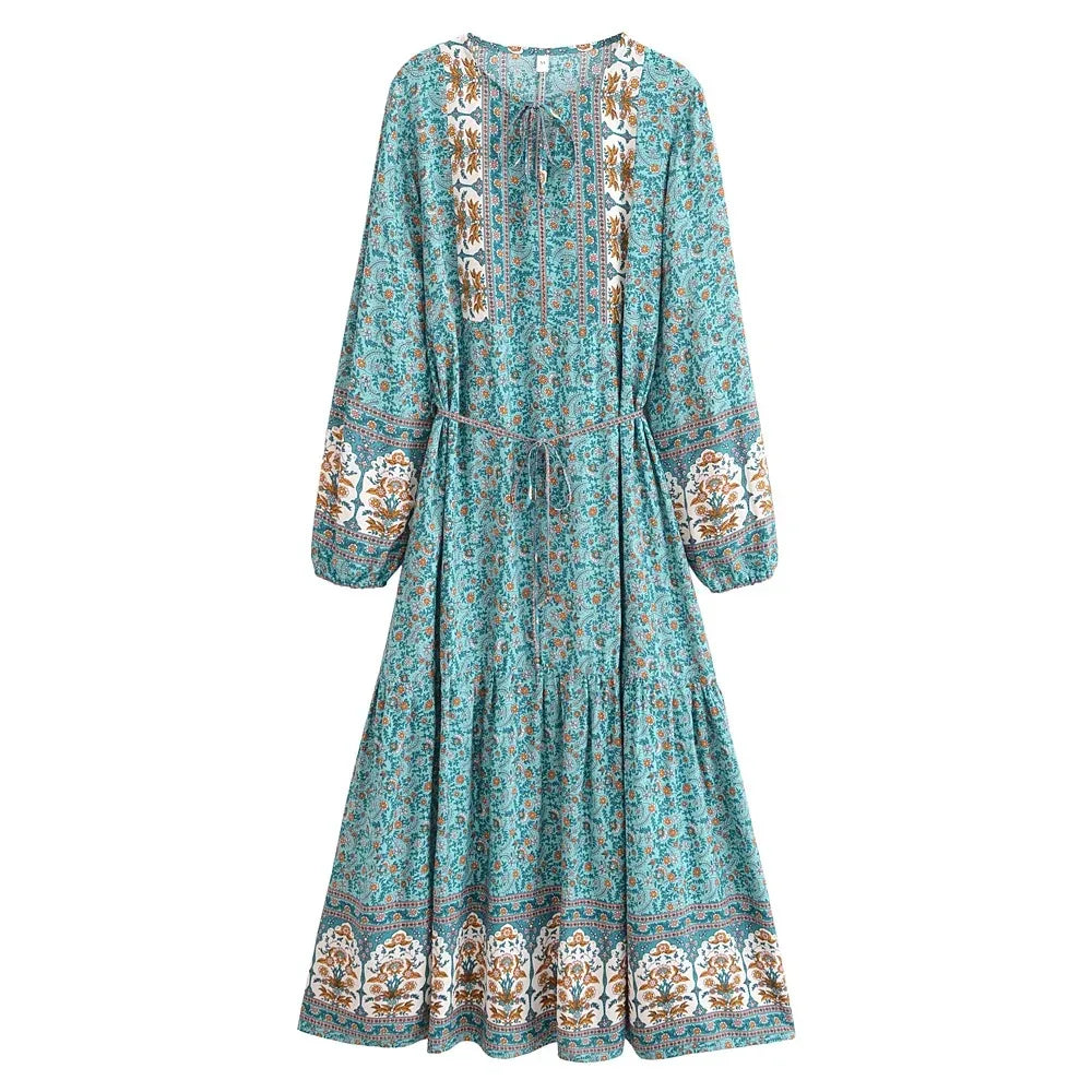 Boho Floral Maxi Dress with Long Sleeves