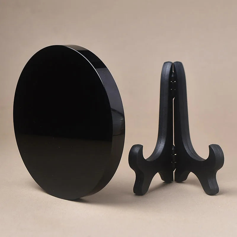 Black Obsidian Divination Mirror — 15cm Round Scrying Mirror with Stand