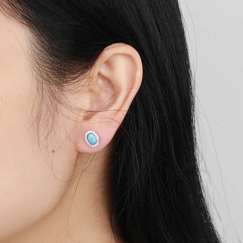 Larimar Oval Halo Stud Earrings, Zircon Border