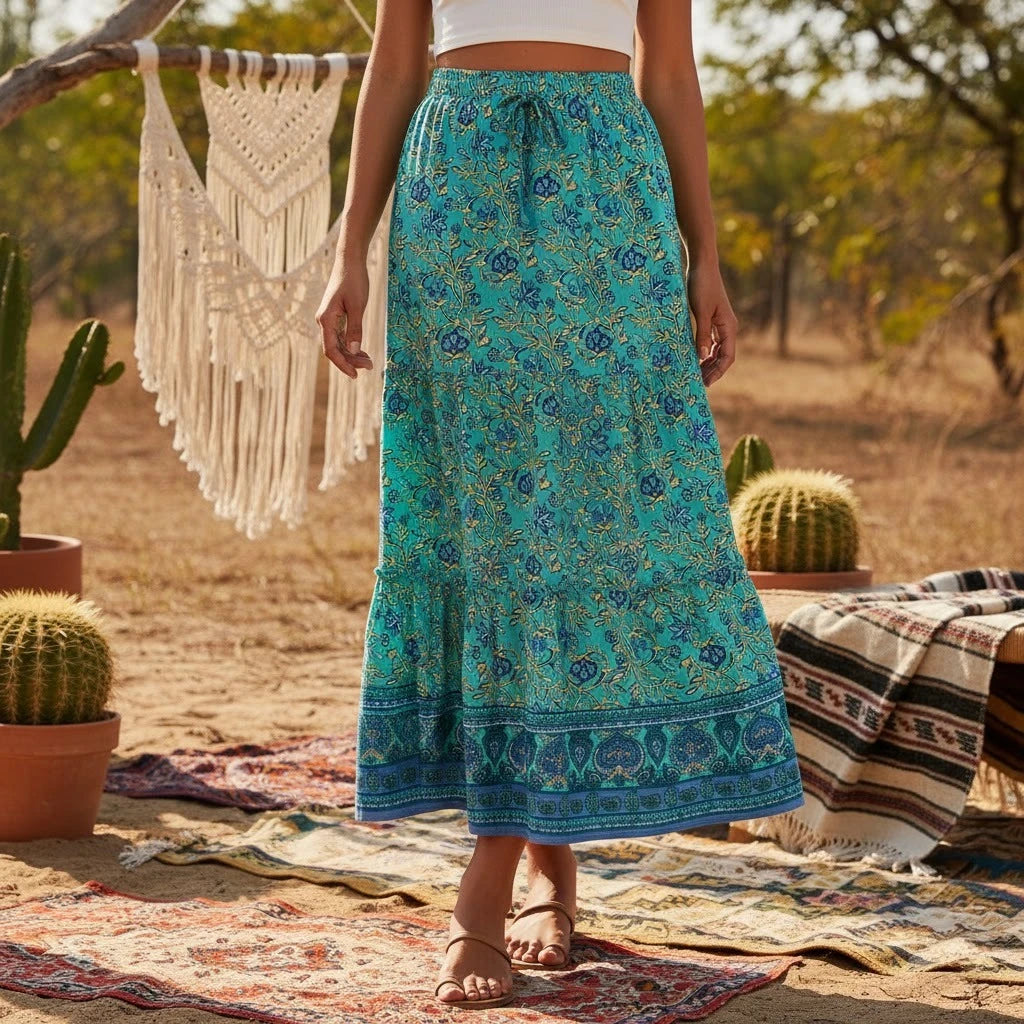 Boho Floral Pleated Maxi Skirt with Pockets