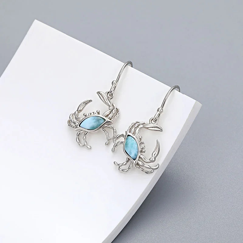 Larimar Crab Drop Earrings, 925 Sterling Silver