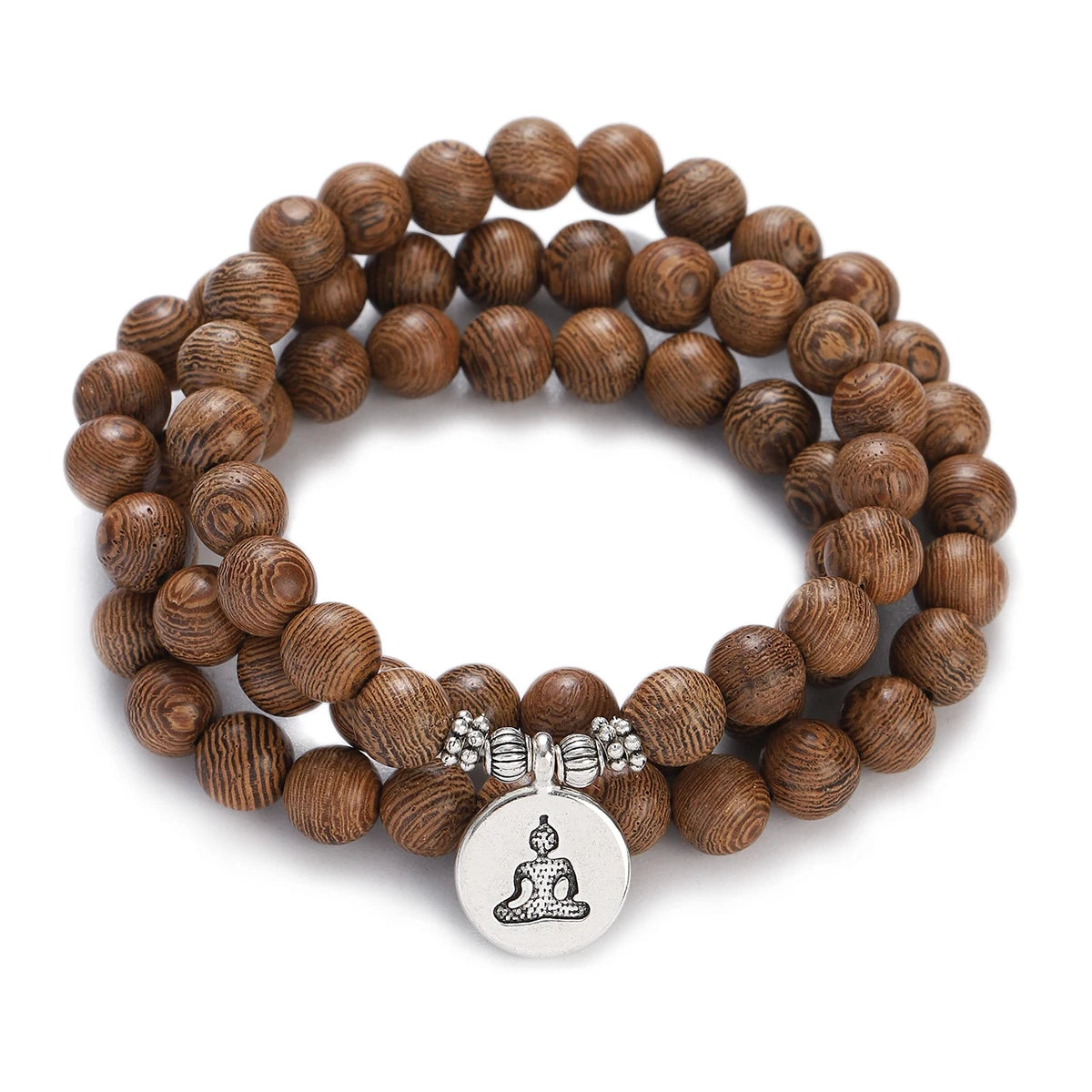 Wood Bead Buddha Om Lotus Charm Bracelet | Tibetan Mala Yoga Bracelet