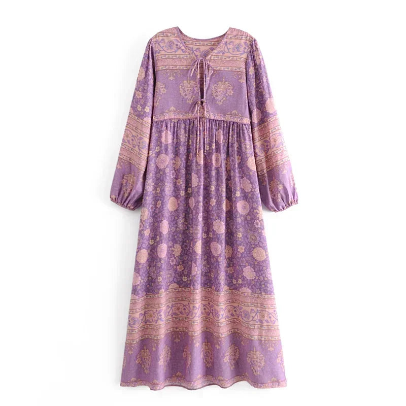Bohemian Floral V-Neck Lantern-Sleeve Maxi Dress