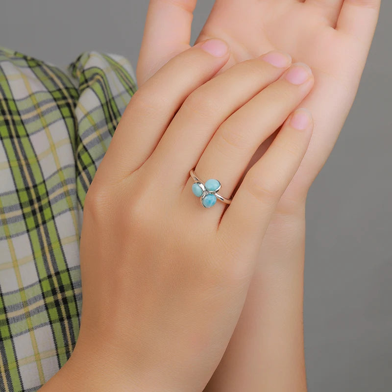 Larimar Three Stone Cluster Ring in 925 Sterling Silver