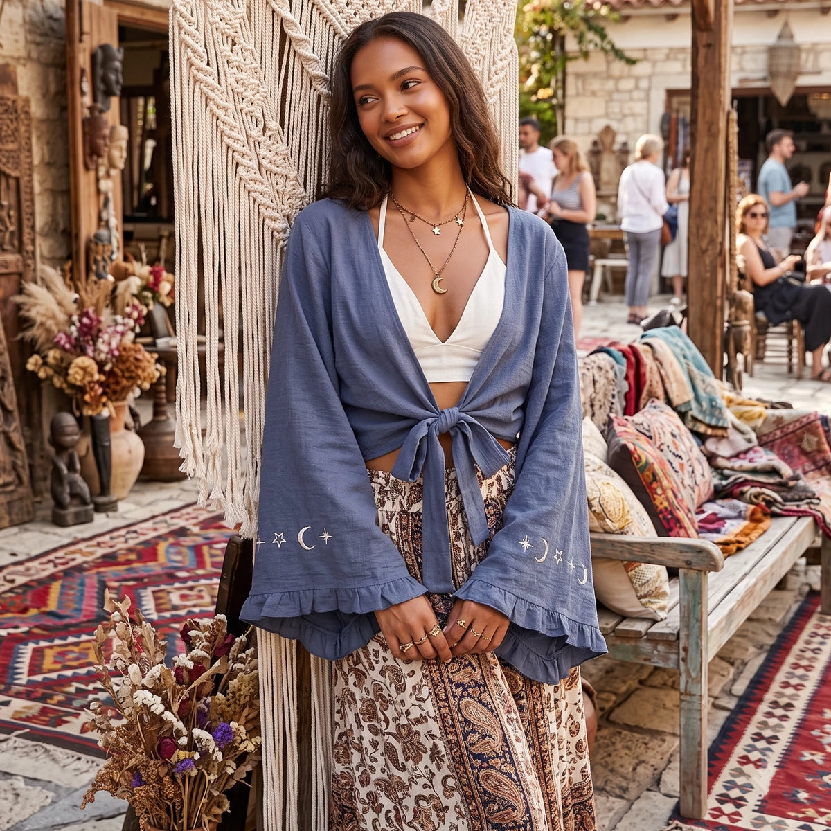 Embroidered Tie-Front Crop Kimono