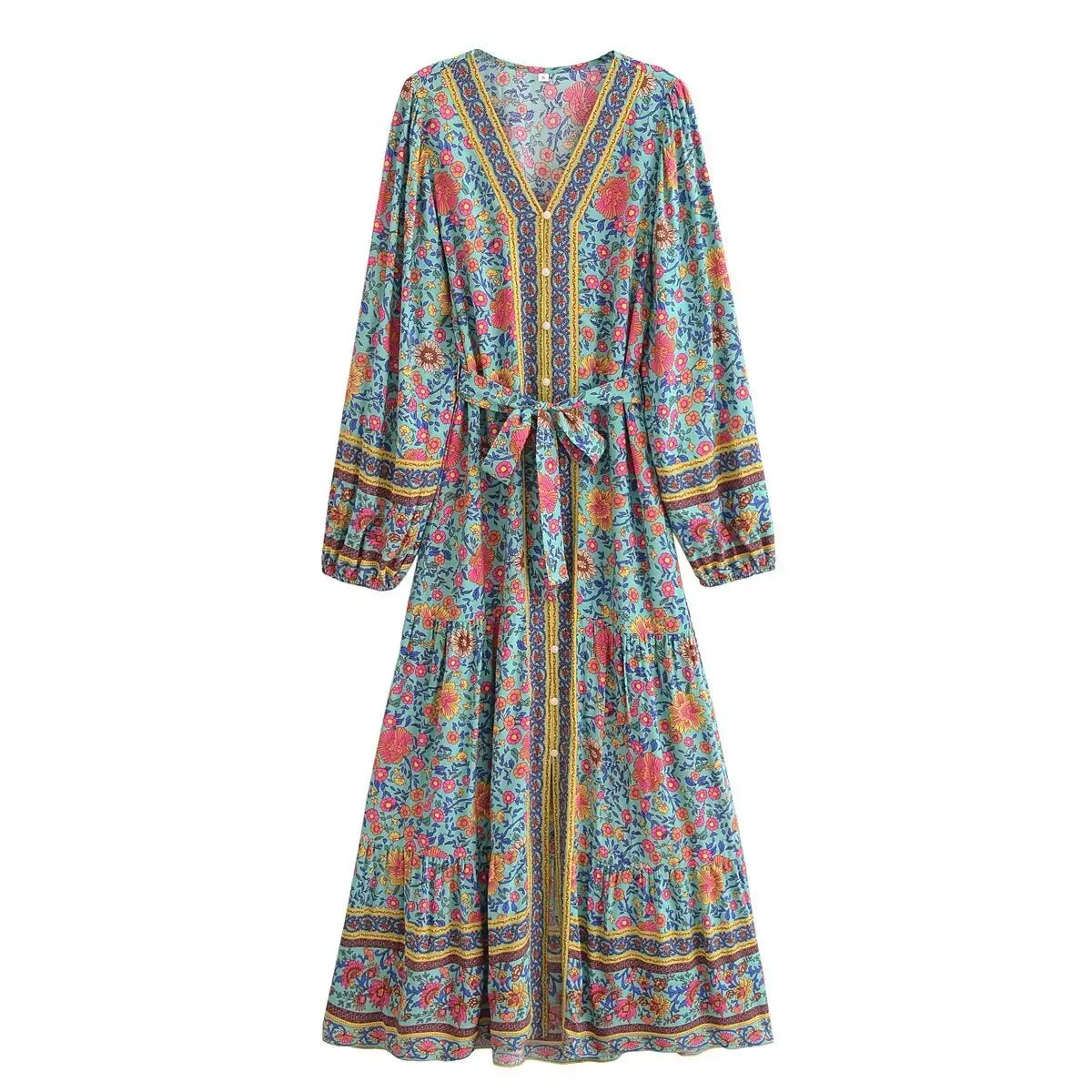 Floral Print Boho Maxi Dress – Long Sleeve Button Front