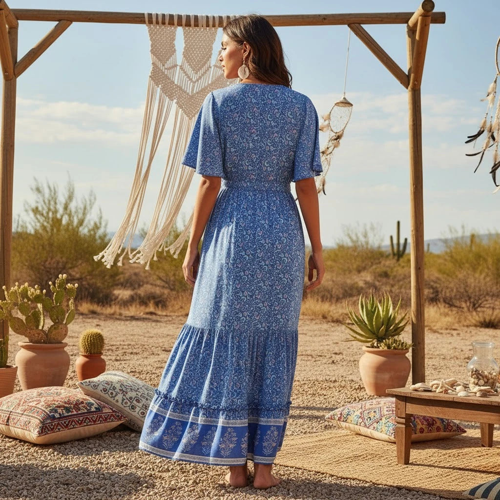 Floral Print Batwing Sleeve Boho Maxi Dress with Tassel