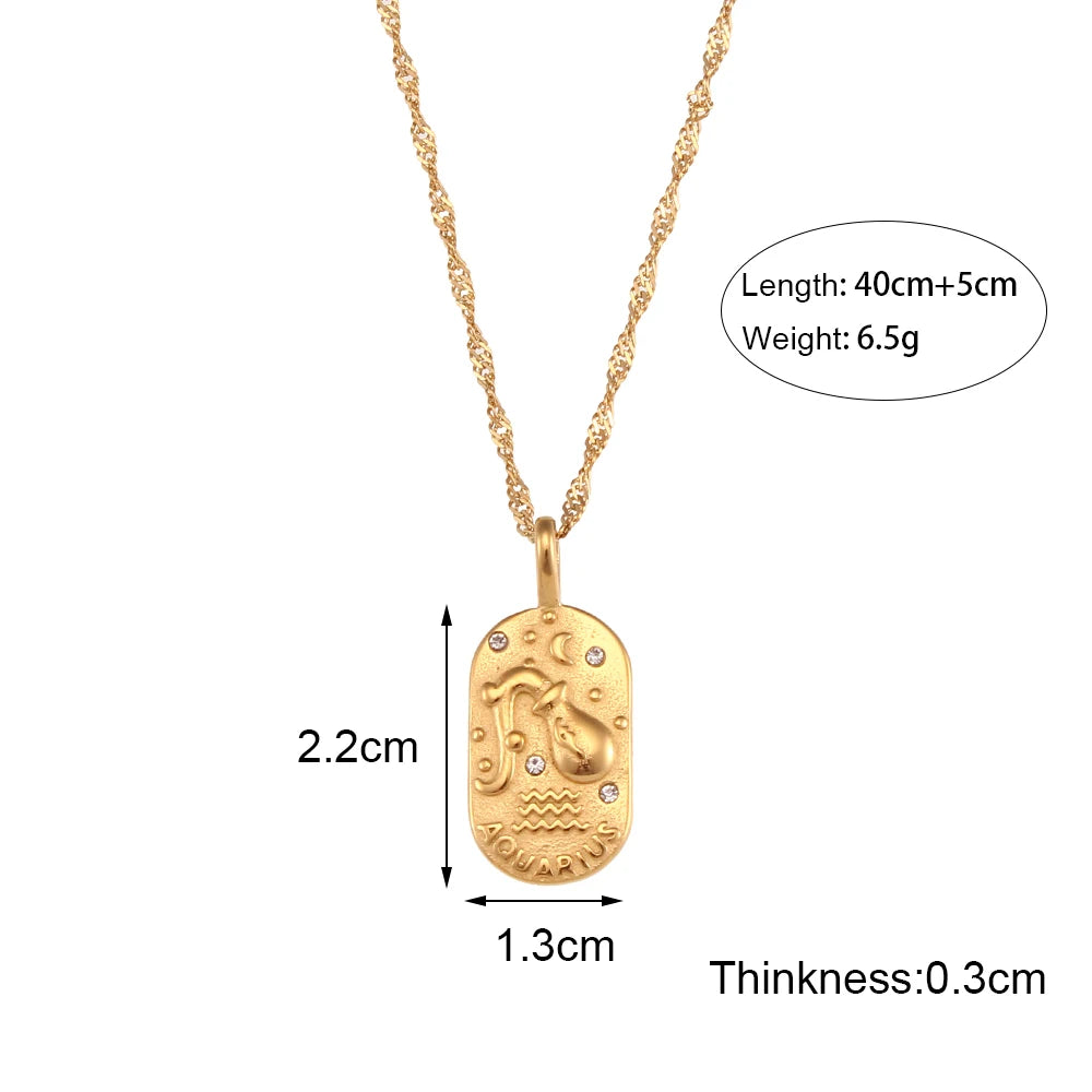 Zodiac Tag Pendant Necklace — 18K Gold Embossed Star Sign