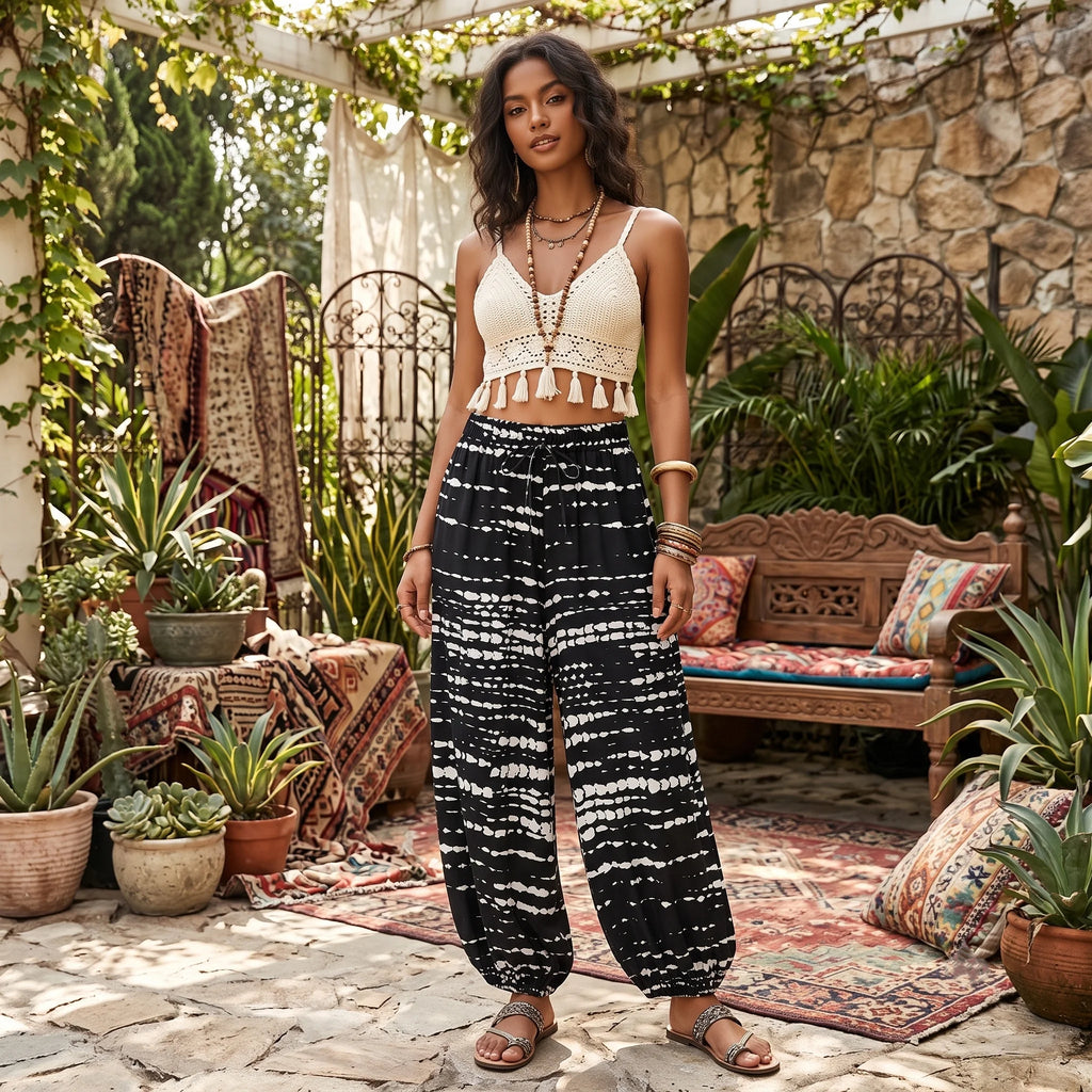 Boho Tie-Dye Stripe Harem Pants with Pockets