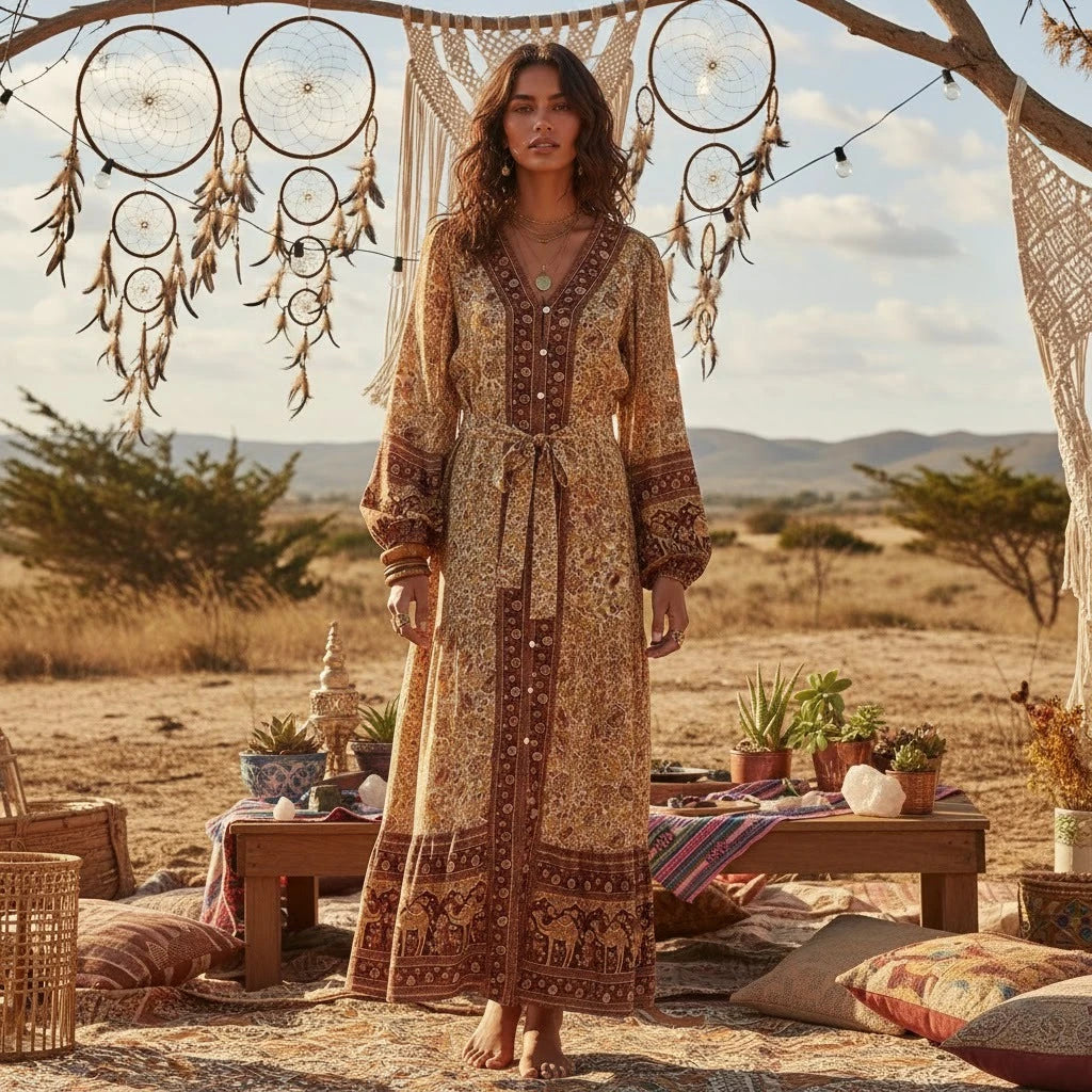 Floral Button-Front Lantern-Sleeve Boho Maxi Dress