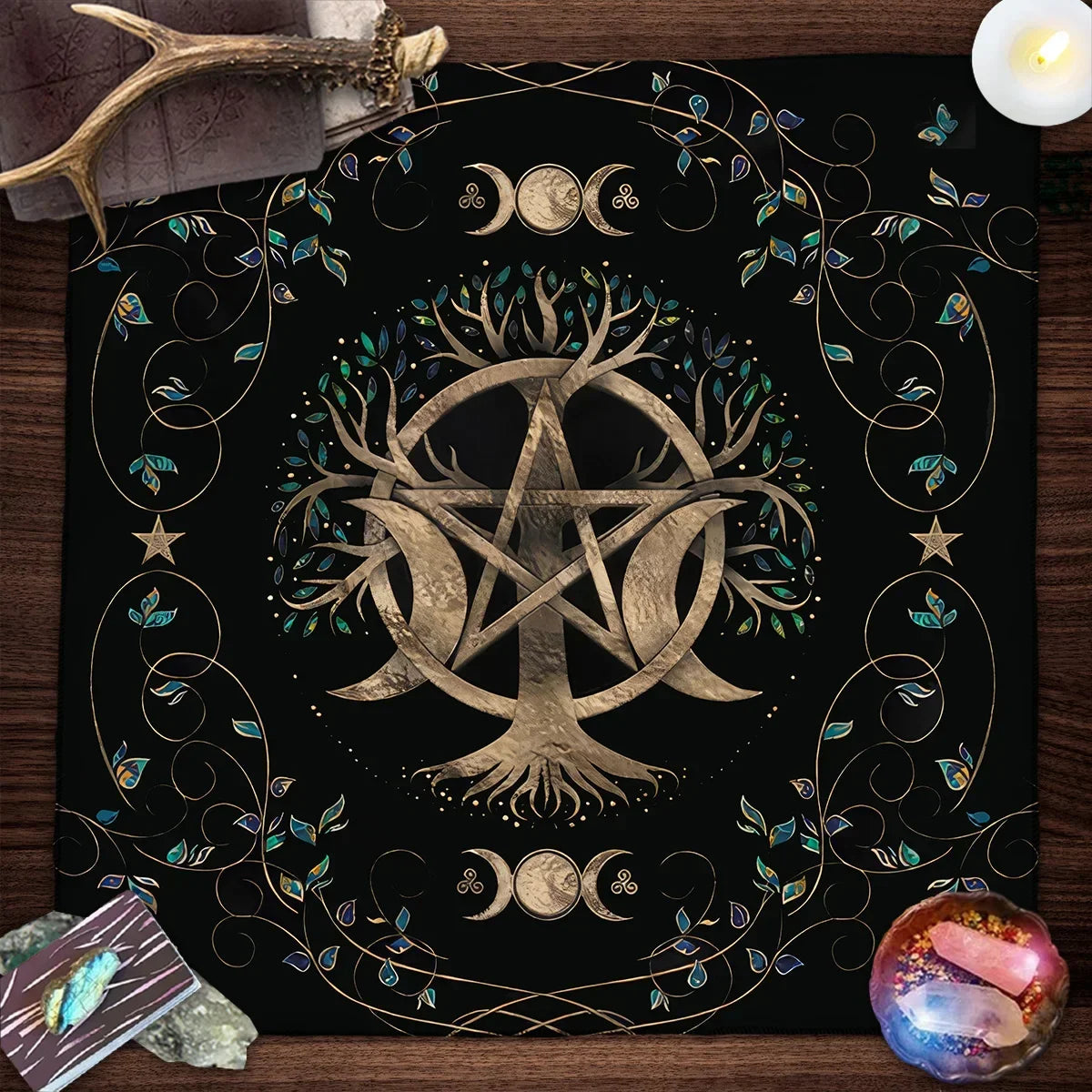 Tree of Life & Moon Phase Altar Cloth – Sacred Geometry Tarot Spread Mat