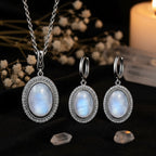 Moonstone Earrings & Necklace Set – 925 Sterling Silver with Crystal Halo