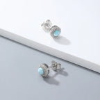 Larimar Round Halo 925 Sterling Silver Stud Earrings