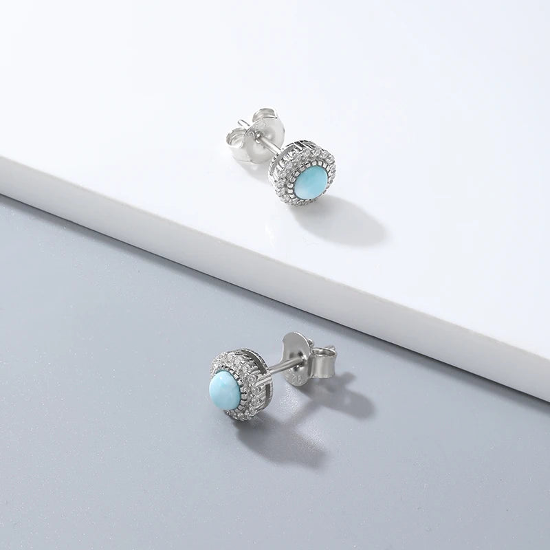 Larimar Round Halo 925 Sterling Silver Stud Earrings