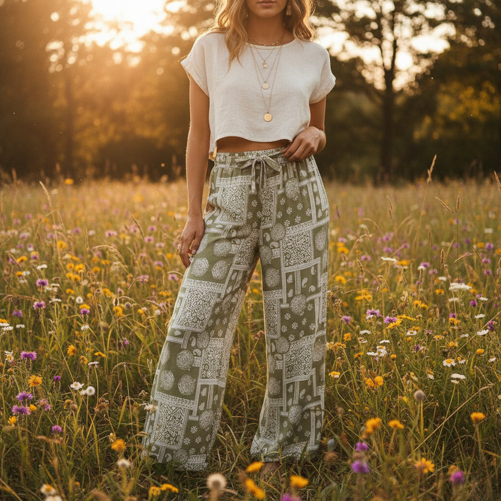 Geometric Floral Print Wide-Leg Boho Pants with Pockets