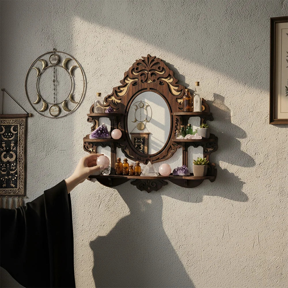 Baroque Mirror Wall Shelf – Ornate Wooden Crystal Display