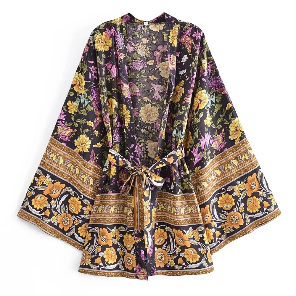 Boho Floral Bat-Sleeve Kimono Dress
