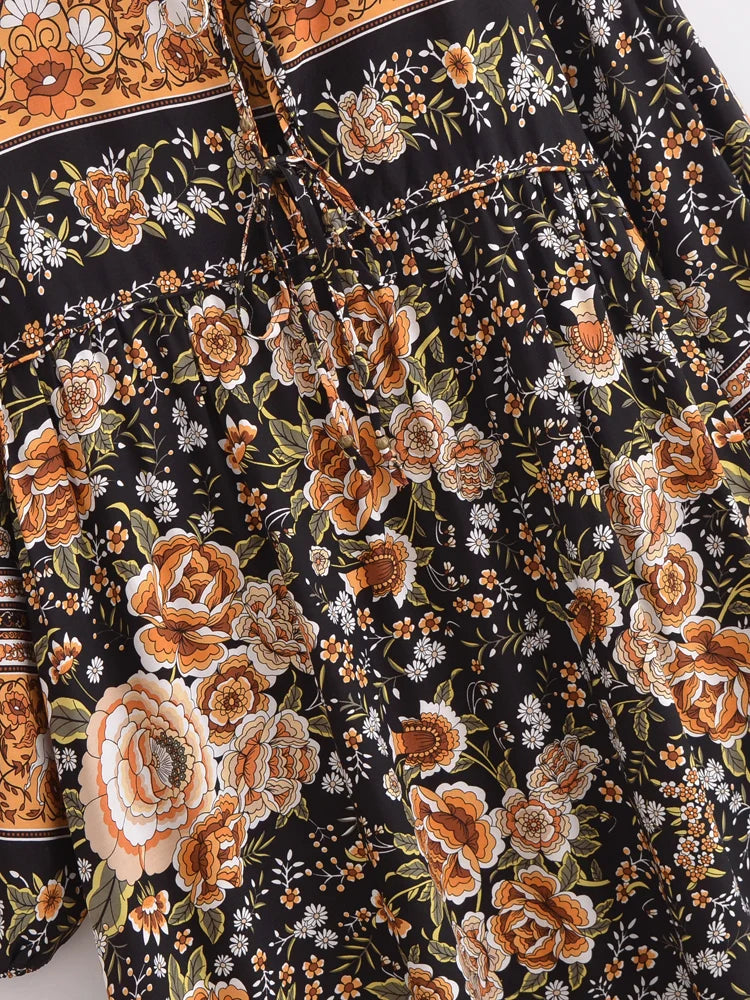 Ethnic Floral Print Tie-Neck Long Sleeve Boho Maxi Dress