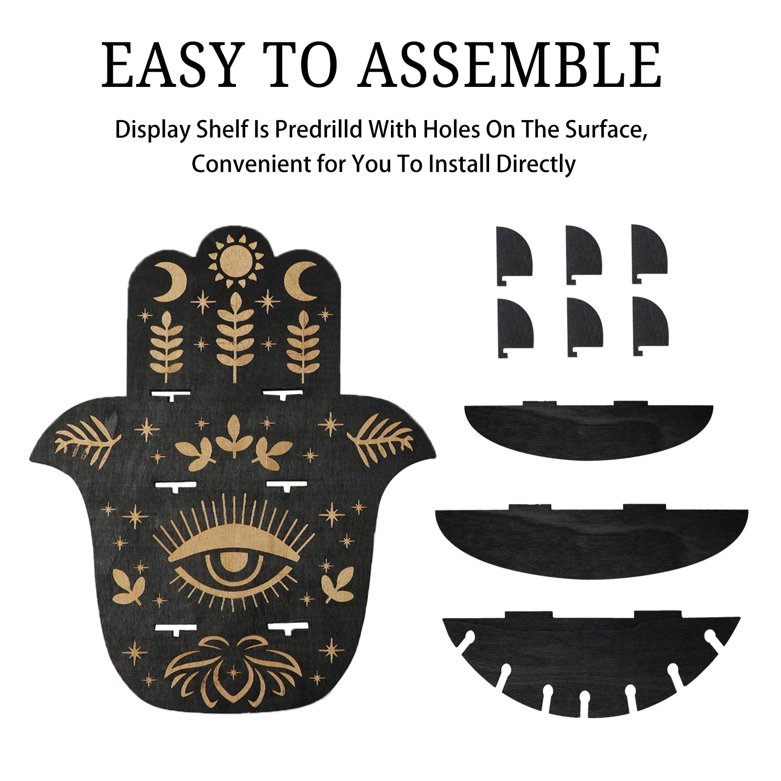 Hamsa Hand Crystal Wall Shelf – Evil Eye Wooden Display