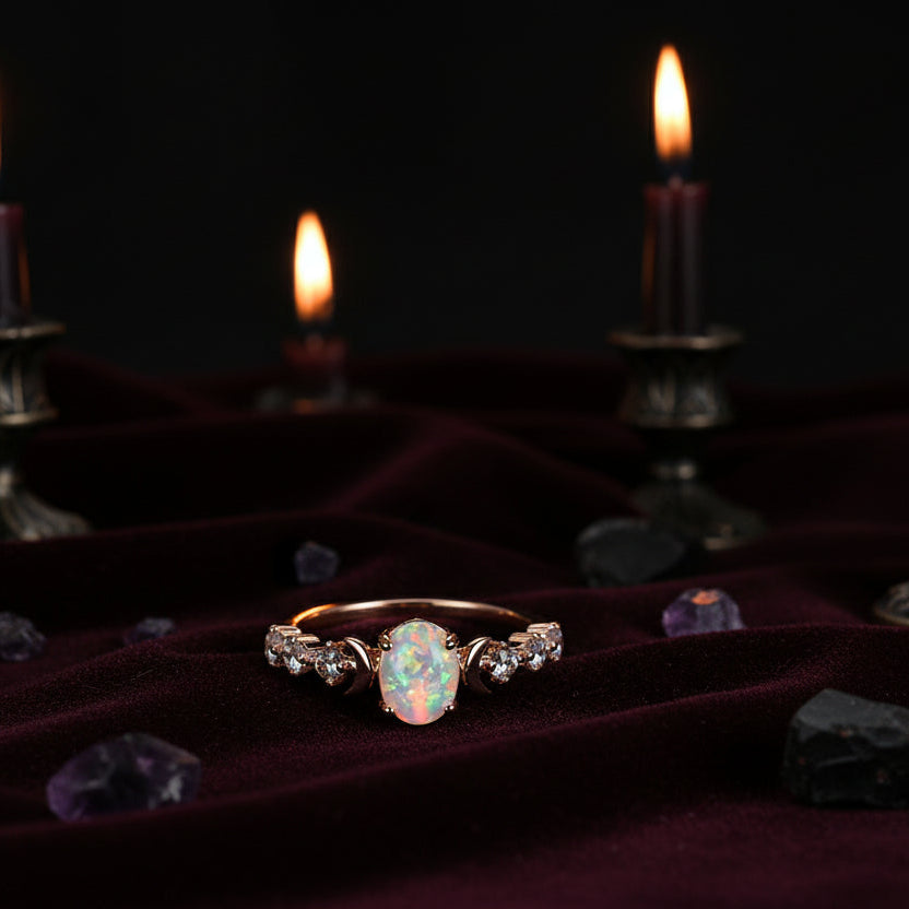 Rainbow White Fire Opal Moon Ring