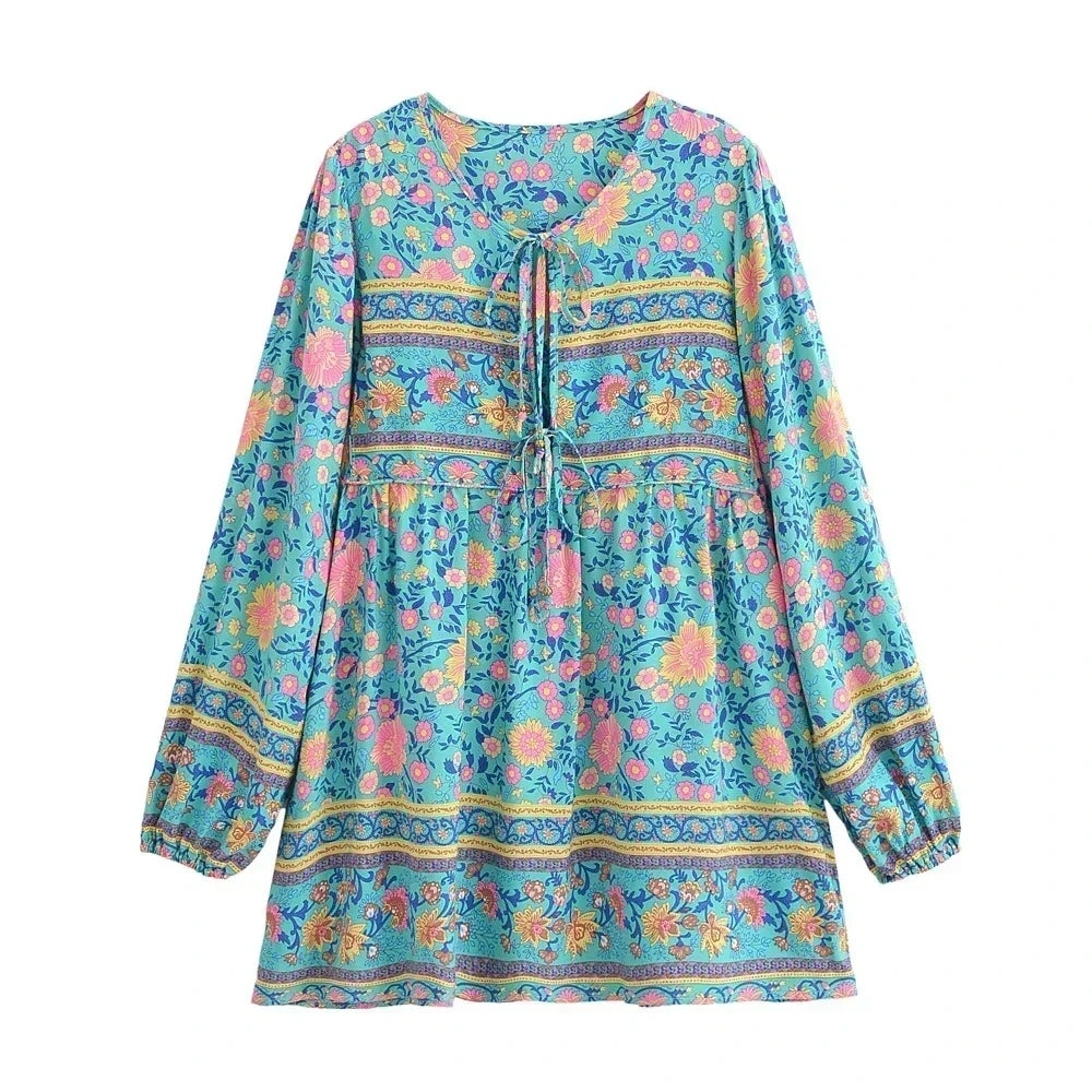 Floral Lantern Sleeve Boho Mini Dress