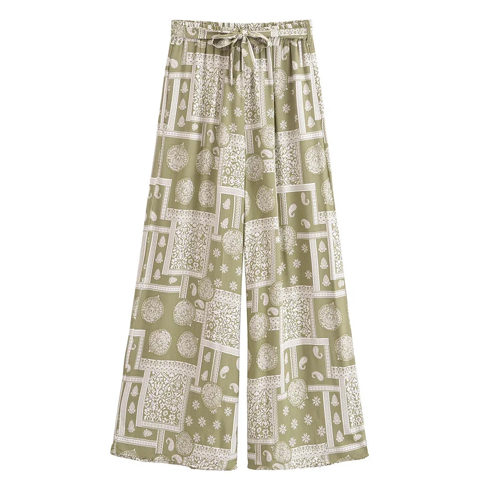 Geometric Floral Print Wide-Leg Boho Pants with Pockets