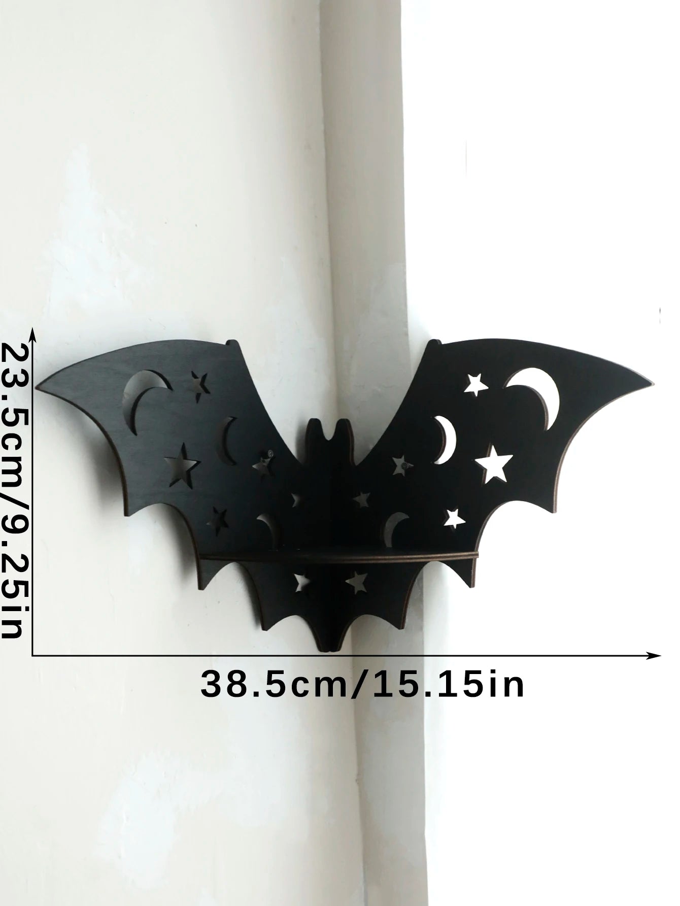 Gothic Bat Wall Shelf – Wooden Moon & Crystal Floating Display