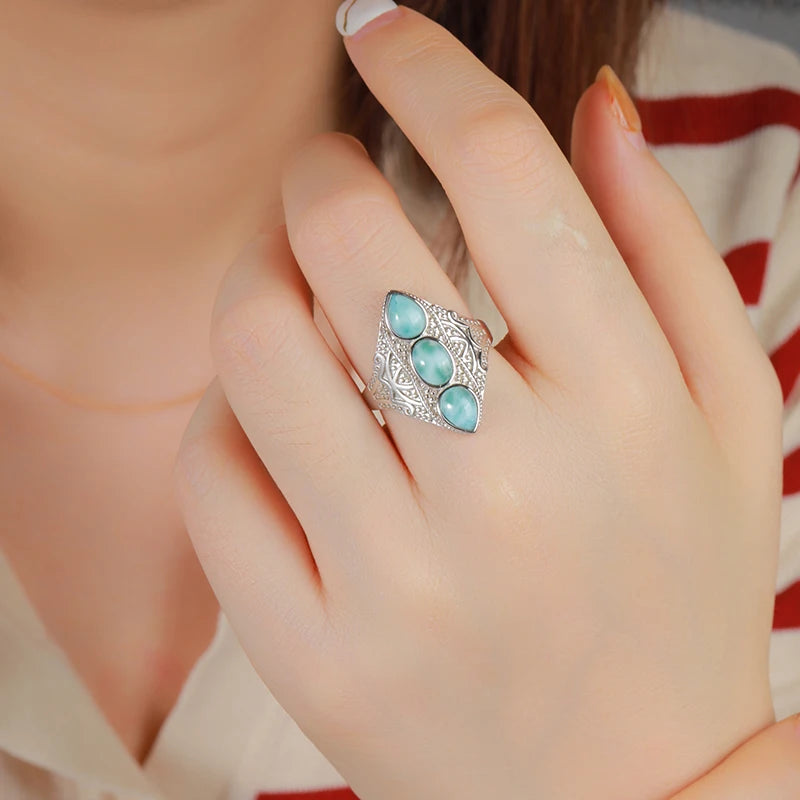 Larimar Three-Stone Statement Ring, Openwork Frame