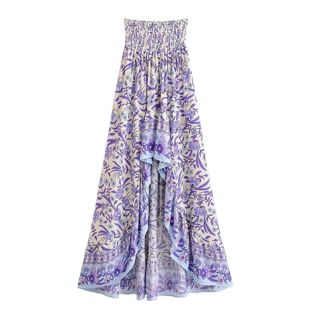 Floral Print High-Low Boho Maxi Skirt