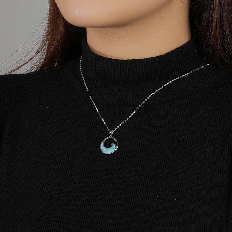 Larimar Ocean Wave Pendant Necklace in 925 Sterling Silver