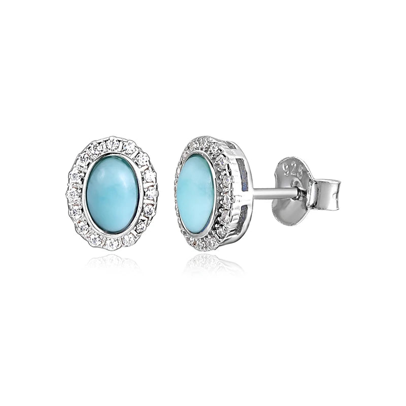 Larimar Oval Halo Stud Earrings, Zircon Border