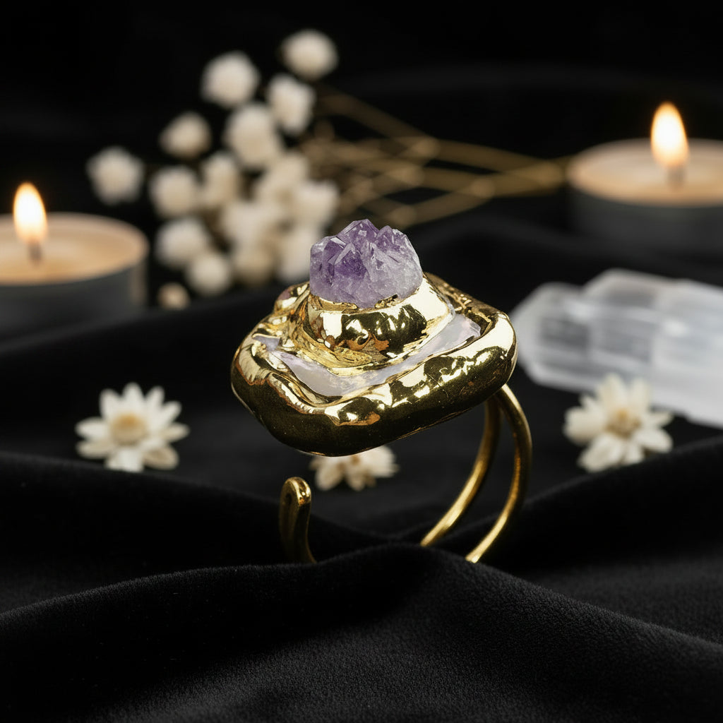 14K Gold-Plated Natural Gemstone Open Ring — Quartz, Citrine & Amethyst Crystal