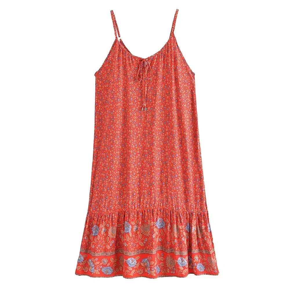 Floral Border Spaghetti Strap Boho Midi Dress