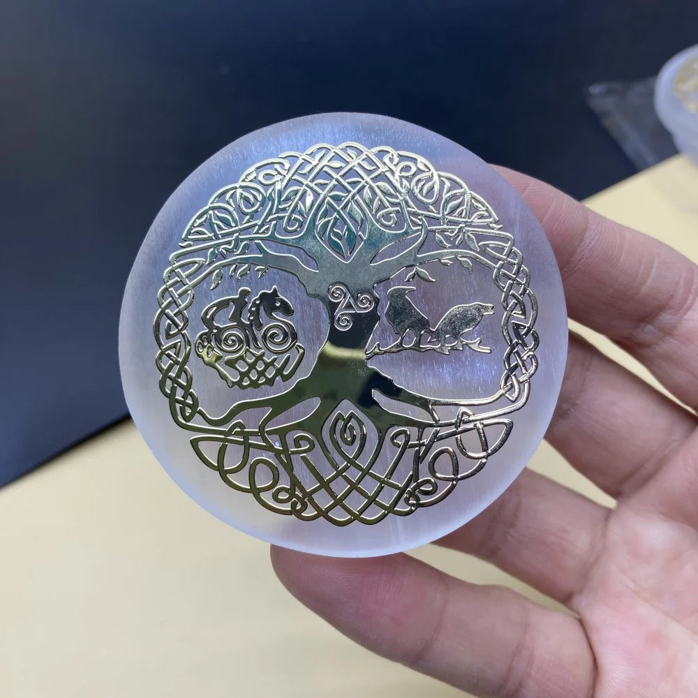 Engraved Selenite Charging Disc – Sacred Geometry Crystal Plate