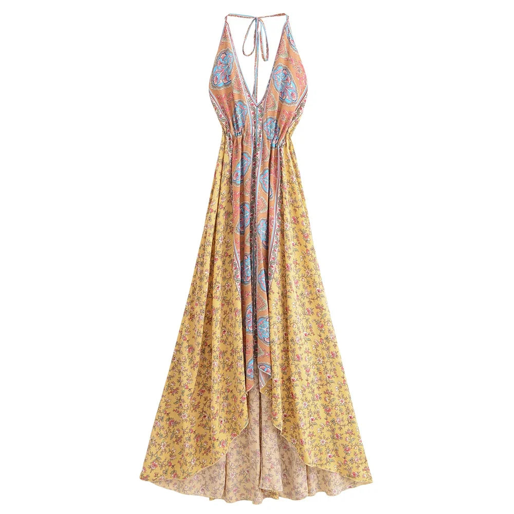 Bohemian Floral Open-Back High-Low Dress