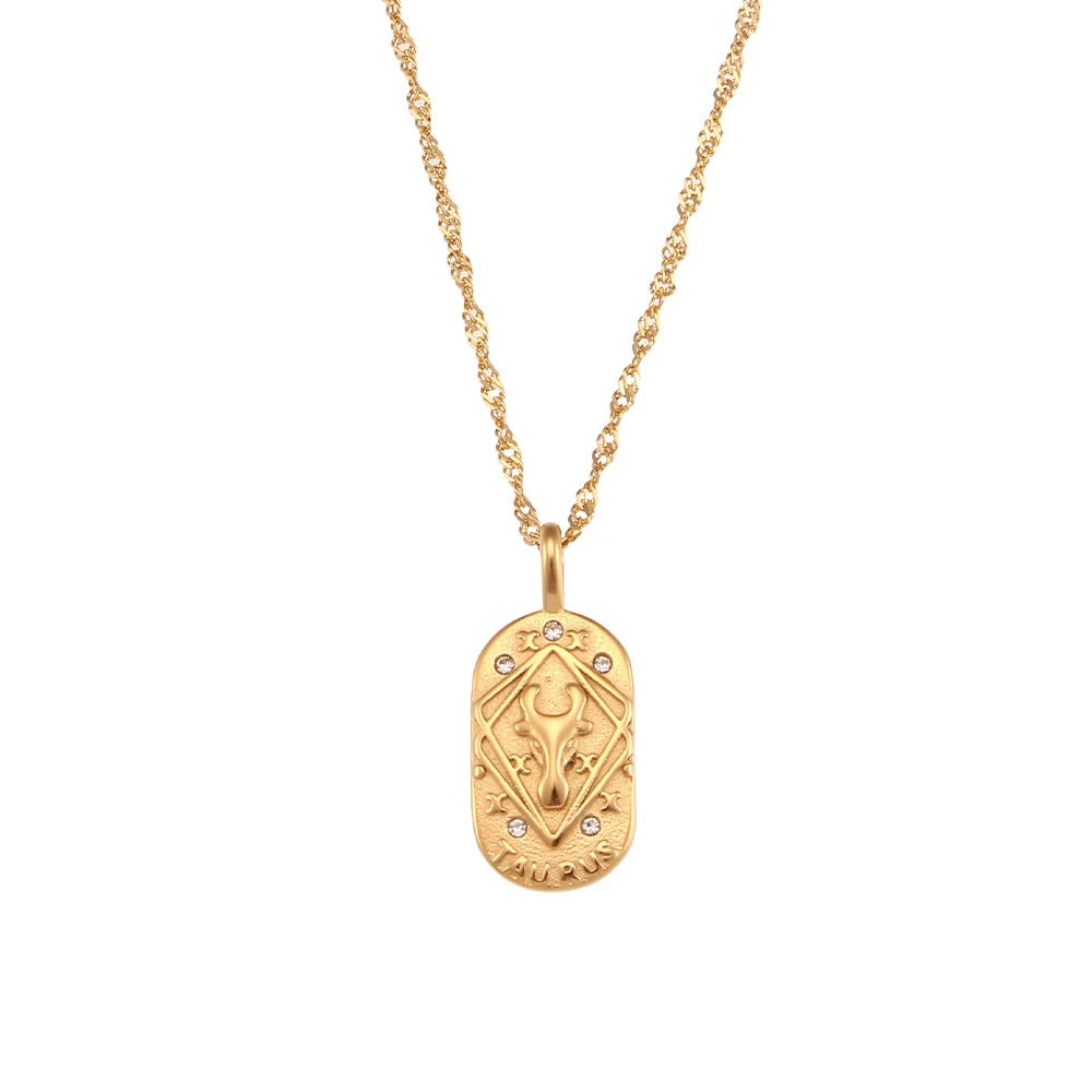 Zodiac Tag Pendant Necklace — 18K Gold Embossed Star Sign