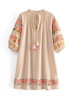 Boho Floral Embroidery Cotton-Linen Mini Dress