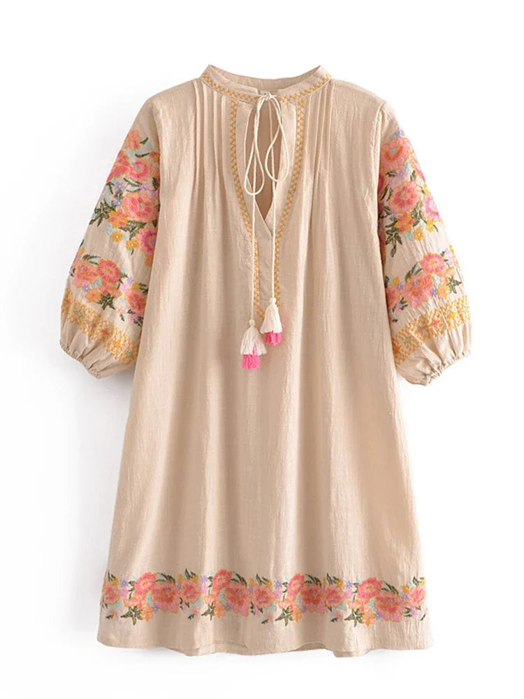 Boho Floral Embroidery Cotton-Linen Mini Dress