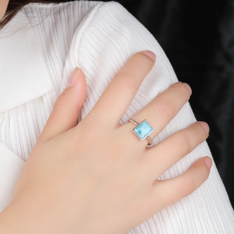 Square Larimar Rope Band Ring in 925 Sterling Silver