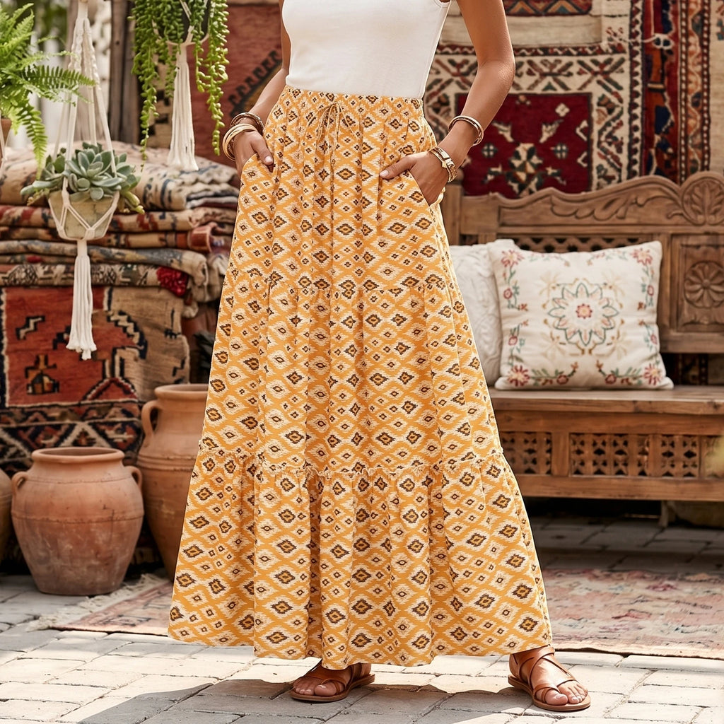 Boho Geometric Floral Maxi Skirt