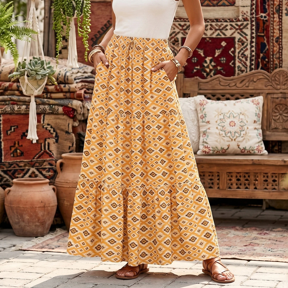 Boho Geometric Floral Maxi Skirt