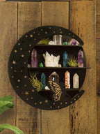Moon Face Round Wall Shelf – Wooden Crystal Display