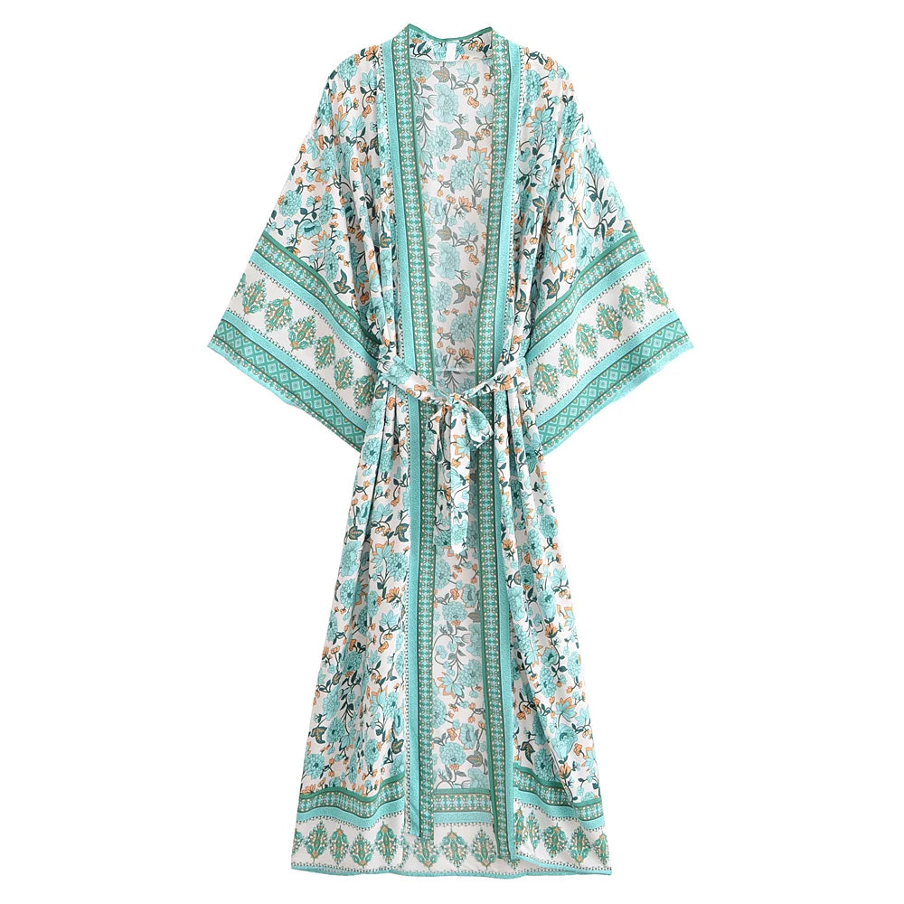 Boho Ethnic Stripe Maxi Kimono Robe with Sash