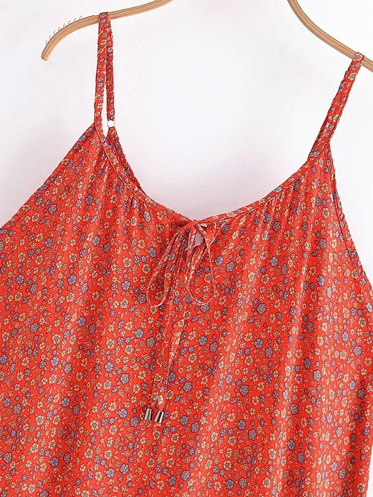 Floral Border Spaghetti Strap Boho Midi Dress